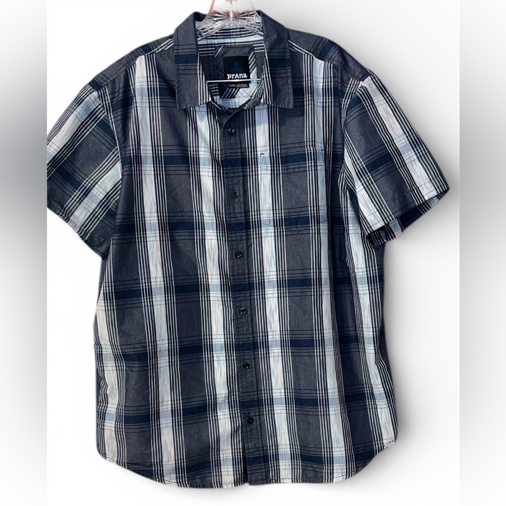Prana Men's Navy and White Plaid Button Down Shirt. XL